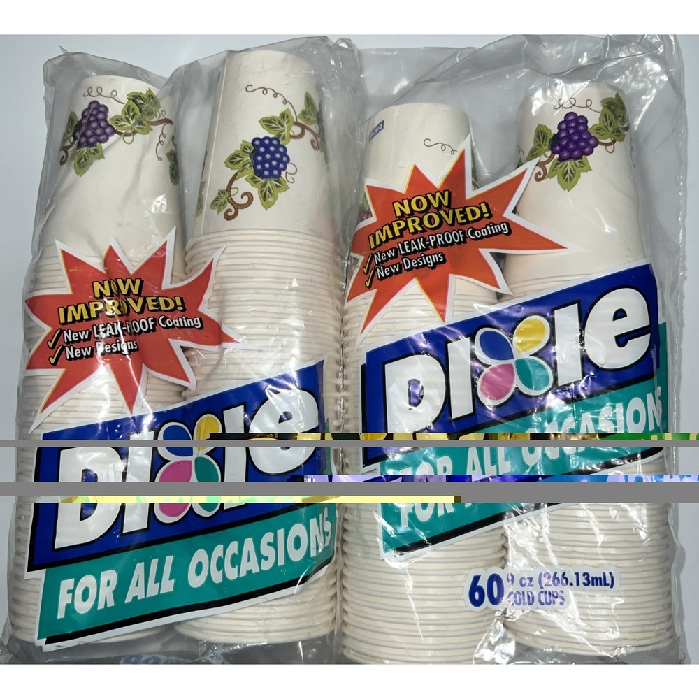 VTG 2X 2002 Dixie Cups 9 oz 60 Count Grape Vine Design Leak Proof Coating Sealed